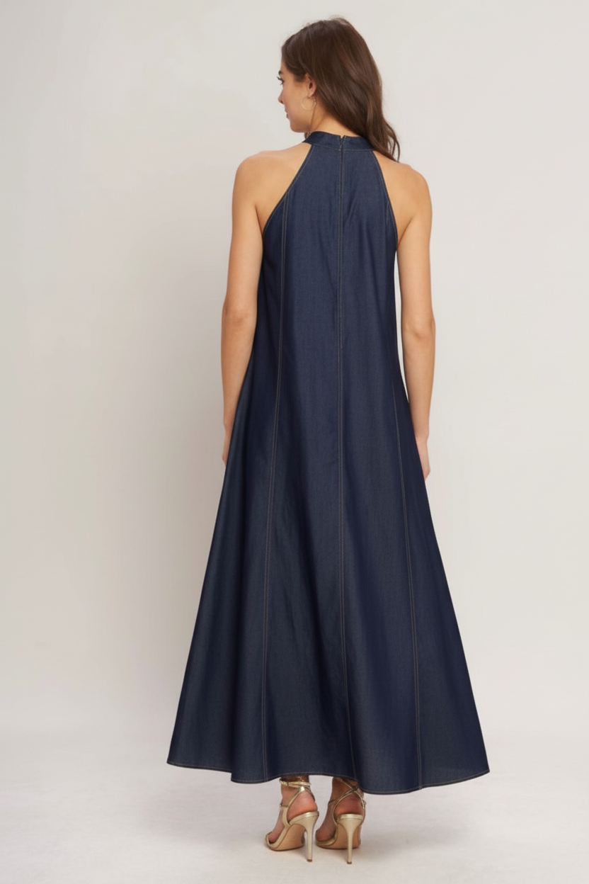 Navy Halter Dress - Back View Fashion