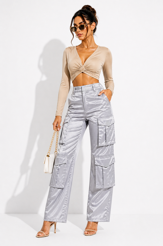 Satin Cargo Pants – Silver