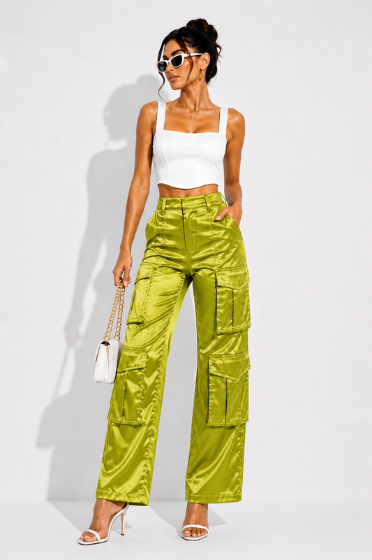 Satin Cargo Pants – Olive Green