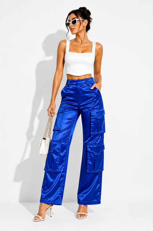Satin Cargo Pants – Royal Blue