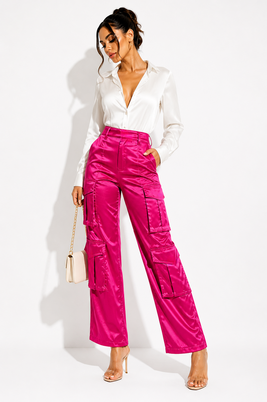 Satin Cargo Pants – Hot Pink