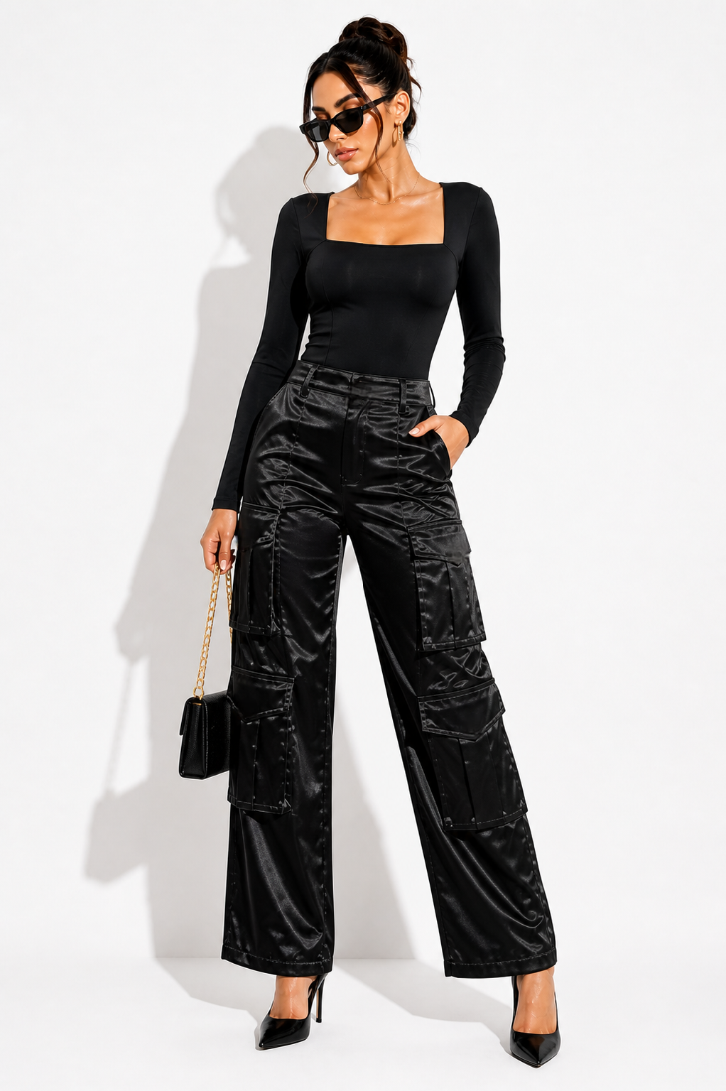 Satin Cargo Pants – Black