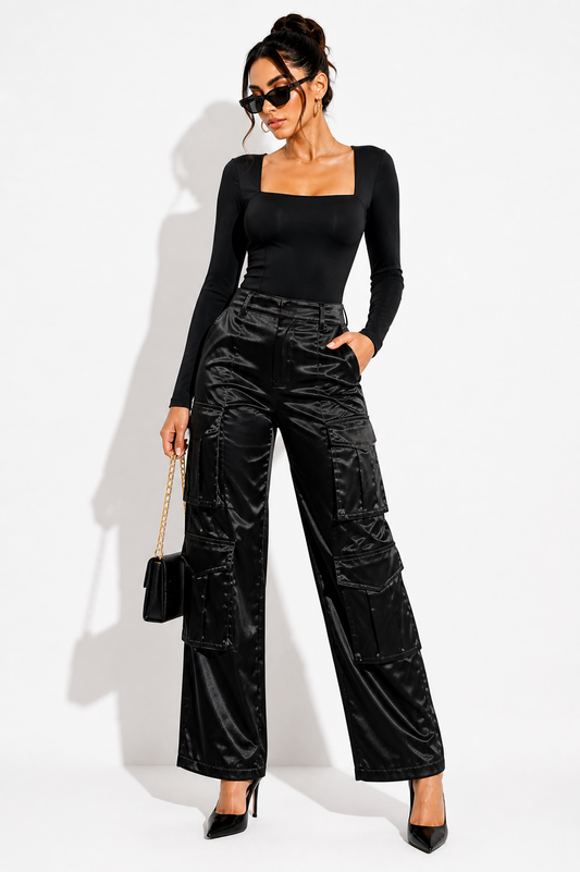 Satin Cargo Pants – Black